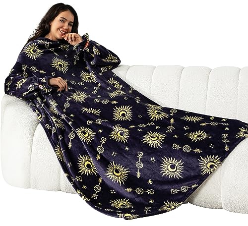 Winthome Blanket with Sleeves, Gift for Women Men Adult, Soft and Cozy Wearable Blanket with Elastic Cuffs, Hook and Loop Fastener (Sun, 140x180cm)