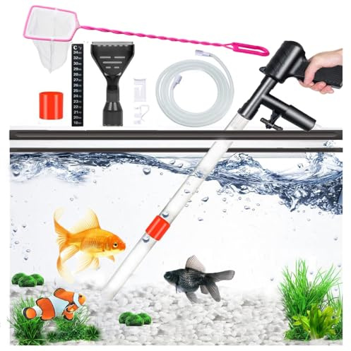 Aquarium Reinigung Set Mulmsauger Aquarium Absauger für Wasser Reinigung | für Frisch- und Salzwasser,Absorbieren von Schmutz,Waschen Sand,Algenschaber,Wasserwechsel,Kieswascher,Thermometer,Fischnetz