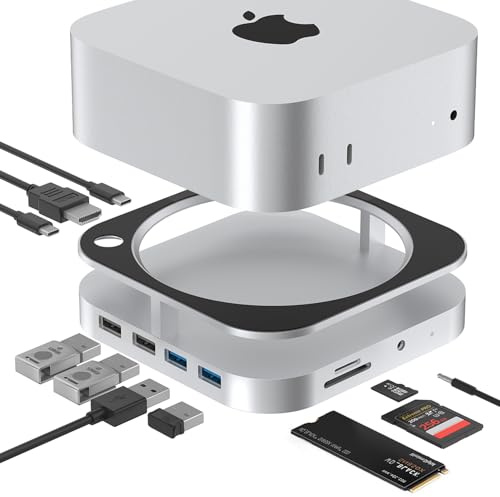 Mac mini M4 Dock, Mac mini M4 Pro Hub Stand with NVMe M.2 SSD Enclosure, HDMI 4K60 USB A 3.2 10Gbps, USB C Data Port, 3.0 TF SD Card Reader for Accessories Docking Station Mac mini Adapter Silver