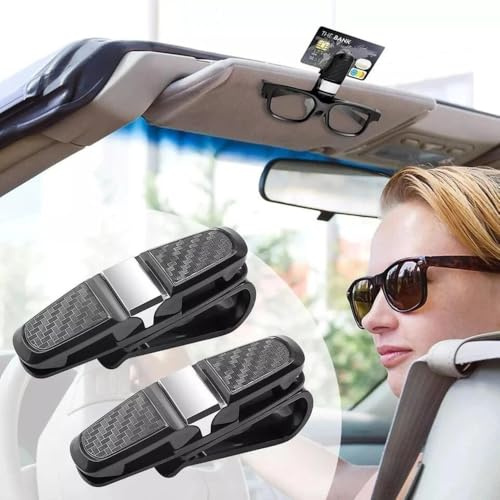 BAAQII 2 Stück Auto Sonnenblende Brillenclip Brillenhalter Ticket Aufhänger Universal Kohlefaser Sonnenbrillen Kartenhalter für Auto Fahrzeug - Schwarz