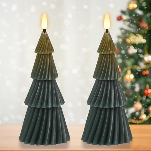 Eldnacele LED Kerzen in Spiral-Tannenbaumform, 2er Set in Grün mit Timer | Spiraldesign, flackernde 3D-Flamme, 6-Stunden-Zyklus, batteriebetrieben, Weihnachtsdeko für Fensterbank und Tisch