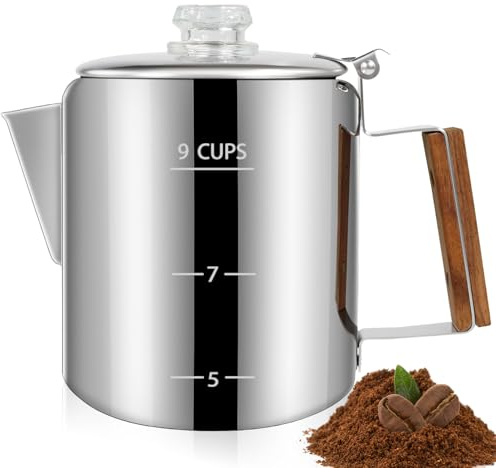 DITOSH 9 Cup Percolator 304 Stainless Steel Coffee Pot Coffee Maker Coffee Machine with Solid Wood Handle Transparent Knob Stovetop Greca Mocha for Induction Home and Camping 1500ml 50.7oz