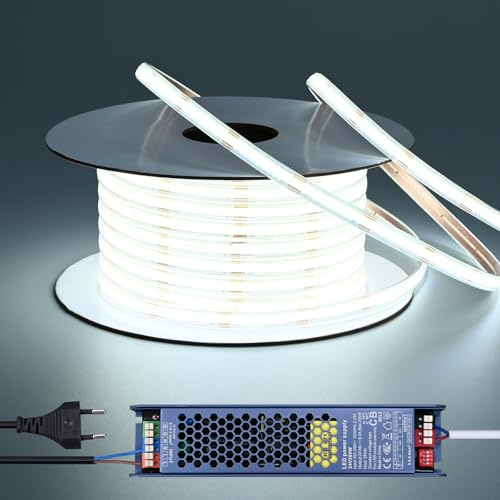 BENLUN Tira LED COB 24V Exterior Impermeable 20 Metros con Transformador | 6000K Blanco Frio Luces LED sin Caída Tensión IP65 7W/m CRI 93 Flexible para Habitacion, Salón, Casa, Patio, Jardín