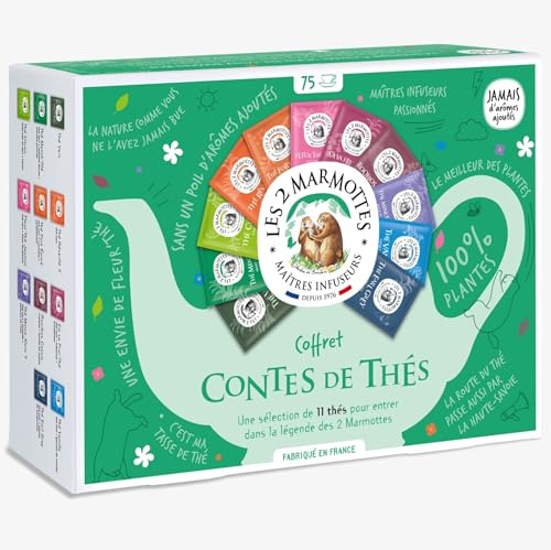 Les 2 Marmottes - Coffret Contes de Thés 75 Sachets - 11 Thés et Rooibos BIO - Idéal En Cadeau - Petit Déjeuner et Energisant - Made In France - Sans arômes ajoutés - 126g
