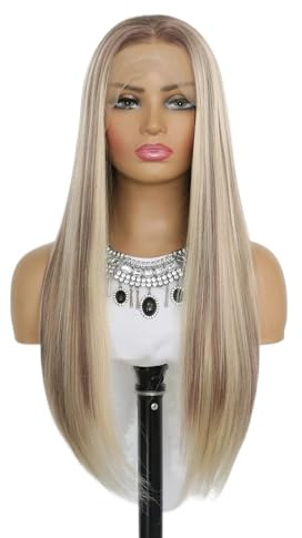 Highlight Ash Blonde 13x4 Lace Front Perücke Lang Glatt Kleberfrei Ombre Braun Gemischt Blond Synthetische Perücken for Frauen 150 Dichte 24 Zoll Fügt Haarvolumen hinzu
