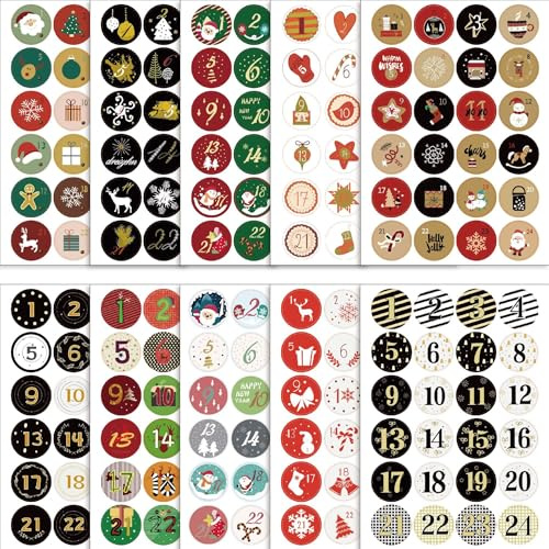 Hyleara 240 Adventskalender Zahlen Aufkleber für 10 Weihnachtskalender, Runde Nummern Etiketten 3,8 cm Sticker Zahlen Ideal für DIY Adventskalender, Grußkarten und Geschenkverpackungen