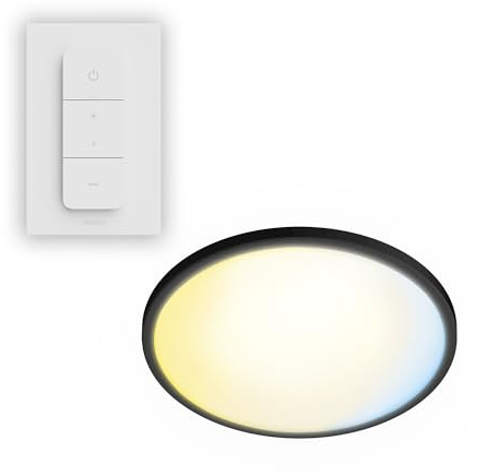 Philips Superslim Plafón LED de techo con mando a distancia, 5 escenas de iluminación, Regulación profunda hasta el 1%, Fácil control e Instalación, Fino, 29.1 cm, 16 W, Redondo, Negro