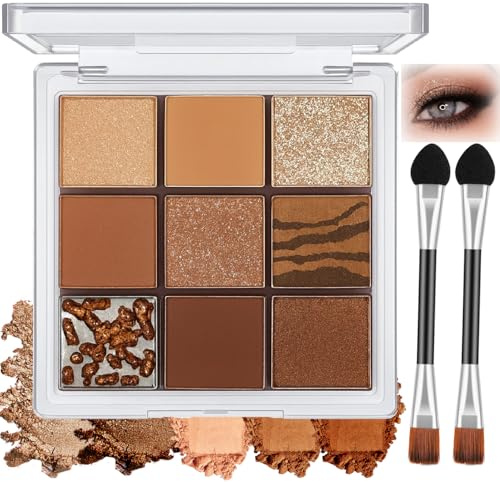 Neutral Eyeshadow Palette, 9-Pan Warm Nude Matte, Shimmer And Sparkle | Clear-Lidded Compact, 2 Double-Ended Sponge And Brush Applicators, For Daily Eye Looks And Evening Reflective Accents