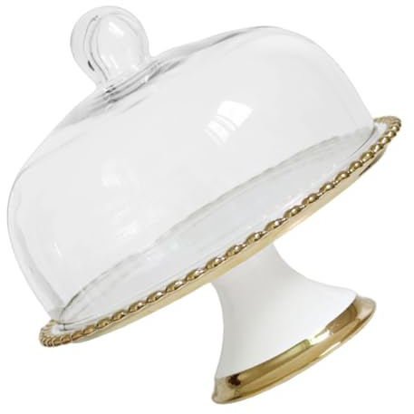UTHCLO Alzata per Dolci in Ceramica con Cupola in Vetro Dorata | Piatto Espositivo per Torte e Dessert, Base Alta, Design Elegante e Vintage, per Bar e Hotel