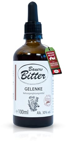 Bauers Bitter® Articulaciones de 100 ml – Gotas amargas hechas a mano con 9 hierbas y raíces – Para articulaciones sanas y agilidad, oral y frotamiento, sin aditivos – Amargos – Fabricado en Austria