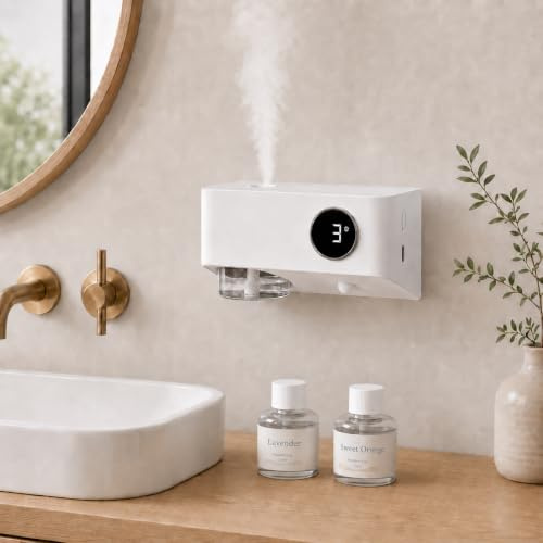 Waterless Oil Diffuser, Cordless Electric Aroma Diffuser with 80ml Fragrance Oil (Lavender & Sweet Orange), Wall Mounted Air Freshener with Motion Sensor and Timer for Bathroom, Bedroom, Living Room