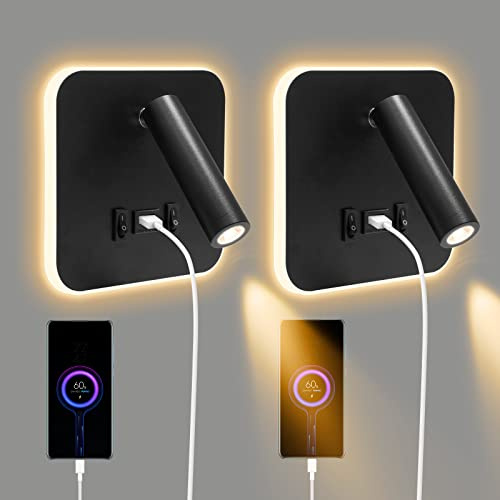 2Pcs LED Wandleuchte Innen mit USB Ladeanschluss, Schalter & Tablett,12W Touch Dimmbar Wandlampe, 360°Drehbare Leselampe Wandmontage, Nachttischlampe, Wandleselampe für Schlafzimmer Wohnzimmer(04)