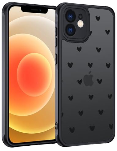 TUUTPU Handyhülle für iPhone 12 Mini Hülle, Aesthetic Motiv Herz Muster Design Matt Transluzente Schlanke Hart Case Kratzfeste PC Rückseite + TPU Bumper Stoßfest Schutzhülle, Schwarz