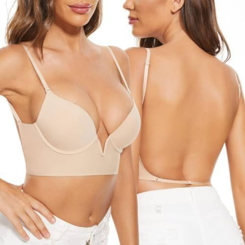Générique Femme Soutien Gorge Dos Nu Invisible Soutien Gorge Push Up pour Femme Deep V sans Armature Confort Brassiere Dos Bas en U Transparent Soutien Gorge Bretelle Amovible