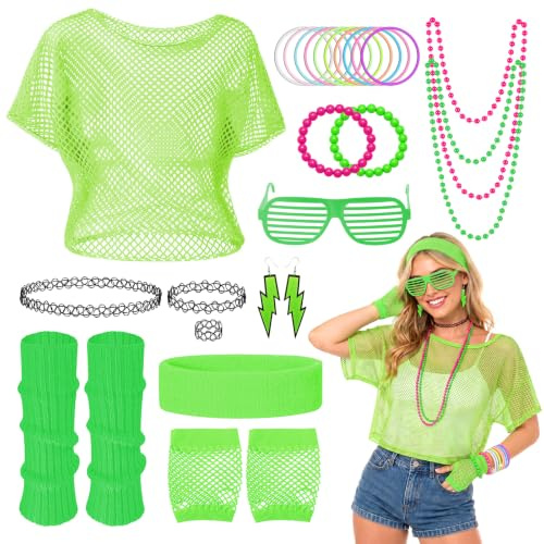 80-tals 90-tals outfit dam, 25-delad neondräkt tillbehörset med nättröja, benvärmare, näthandskar, 80-tals kläder dam, 80-tals tillbehör dam, för retro temafest karneval