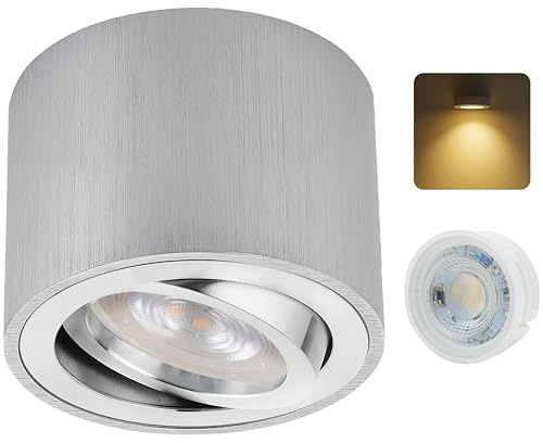 Sweet LED-byggspotlight platt aluminiumborstad monteringsplats av aluminium takspotlights inkl. utbytbar 5 W LED-modul bygglampa svängbar taklampa rund 230 V ytmonterad spotlight varm vit