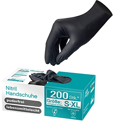 ACE Guard Guanti chimici - Guanti monouso senza lattice - EN 374-1 - Nero - 07/S (Confezione da 200)