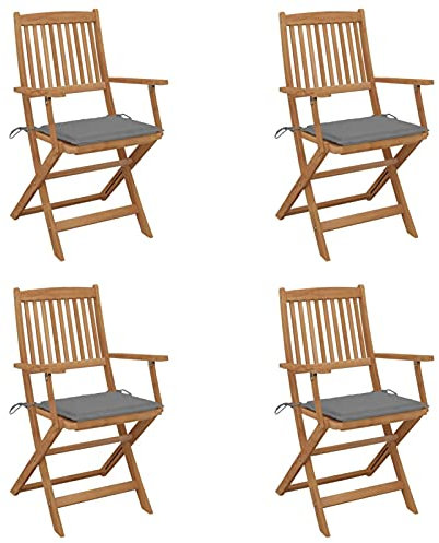 Tidyard 4 STK. Klappbare Gartenstühle mit Grauer Kissen Holzstuhl Terrassestuhl Balkonstuhl Essstühle Armlehnenstuhl Rücklehnenstuhl Klappsessel Klappstühle Gartenmöbel Sitzmöbel Massivholz Akazie