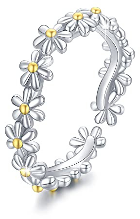 JFASHOP Gänseblümchen Ring 925 Sterling Silber Blumenring Damen Blumen Ring Verstellbarer Offener Ring Fingerring Gänseblümchen Schmuck Valentinstag Geschenke für Mädchen Frauen Kinder