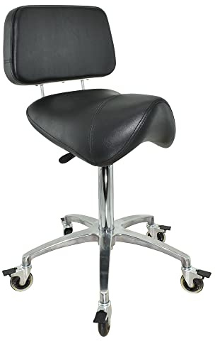 VAKON SALON - Breiter Sattelhocker schwarz mit Bremse und Lehne, Sattelstuhl für Rückenentlastung, Rollhocker höhenverstellbar von 55-75 cm, Praxishocker, Bürohocker, Arbeitshocker