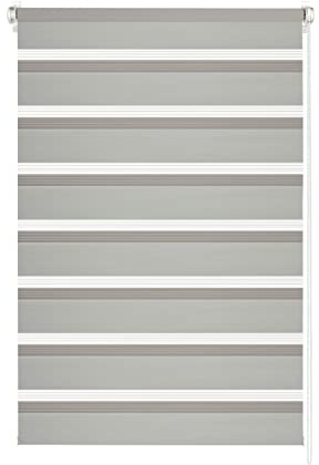 GARDINIA Doppelrollo zum Klemmen oder Kleben, Duo-Rollo ohne Bohren, Seitenzugrollo, Transparente und blickdichte Streifen, Hellgrau, 90 x 150 cm