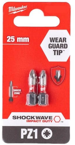 Milwaukee Shockwave Impact Duty Pozi Screwdriver Bits PZ1 25mm Pack of 2, Variety pack