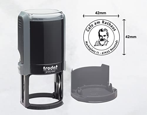 Trodat Stempel Personalisiert Rund mit Text und Logo – Printy 4642 zum Wunschtext Eingeben, Grafik Hochladen und direkt hier Bestellen, Durchmesser 42 mm, Gehäusefarbe Eco Grau
