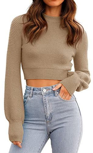 GeGekoko Damen Strickpullover Kurz Sexy Cropped Pullover mit Rundhalsausschnitt Herbst Winter Warmer Langarm Sweatshirt Elegant Kurzer Strickpulli für Frauen