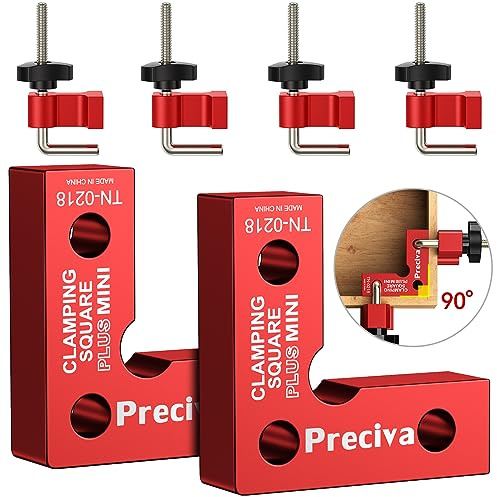 Preciva 90 Degree Mini Positioning Squares 2 Sets (2.32''x 2.32''), Aluminum Alloy Right Angle Clamps Fixing Clamp, Carpenter Corner Clamping Square Tool for Picture Frame Box Cabinets Drawers (Red)