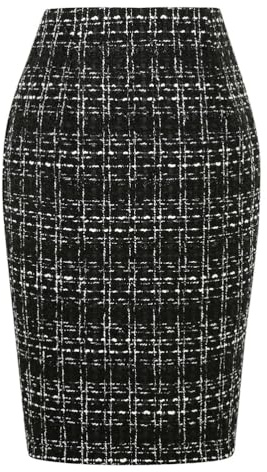 Kinghua Womens Wool Plaid Pencil Skirt Fall Winter High Waisted Slit Bodycon Knee Length Midi Skirt, Tweed Black, XL