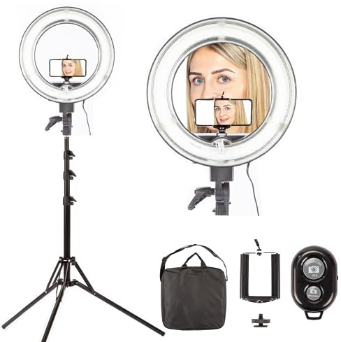 BOLLUMA 13.5 Selfie Ring Light with Tripod Stand, 40W 5500K Selfie Light with Phone Holder and Remote Shutter for make up, live streaming, vlogging, TikTok, YouTube Video Shooting