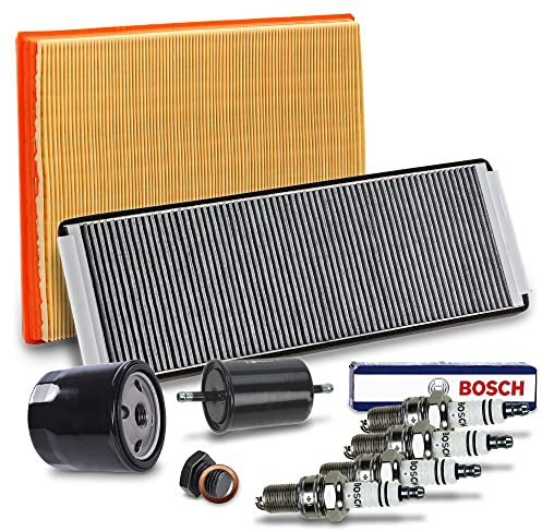 BESTPRICE Inspektionspaket Filterset mit 1x Ölfilter, 1x Luftfilter, 1x Innenraumfilter (Pollenfilter), 1x Kraftstofffilter, 4x Zündkerze Super plus WR8DC+, Kompatibel mit OPEL ASTRA F (T92)