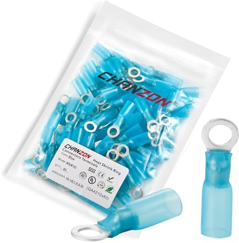 Chanzon 80pcs #10 Heat Shrink Ring Terminal M5 UL Listed 16-14AWG Gauge Eyelet Wire Connectors Waterproof Marine Grade Adhesive Lined Blue Electrical Crimp Connector for Boat Truck Stereo Car