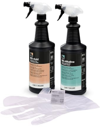 Errecom Kit per pulizia unità esterna climatizzatori con tensioattivi biodegradabili, include Bio Acid detergente bio acido da 1L, Bio Alkaline detergente bio alcalino da 1L, guanti monouso