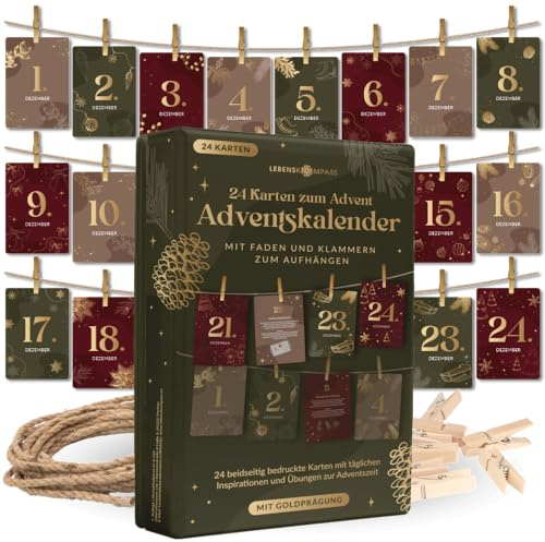 Lebenskompass Adventskalender Karten Set Jahresunabhängig – 24 Achtsamkeitskarten mit Clips & Fäden – Kreativer Selbstliebe Adventskalender zum Aufhängen, für Achtsamkeit und Reflexion