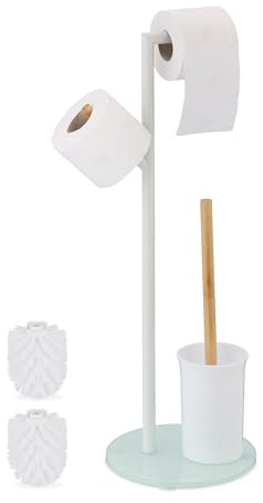 Relaxdays WC Set, HxWxD: 64 x 27 x 22 cm, Free-standing Roll & Brush Holder, Replacement Heads, Stainless Steel, White