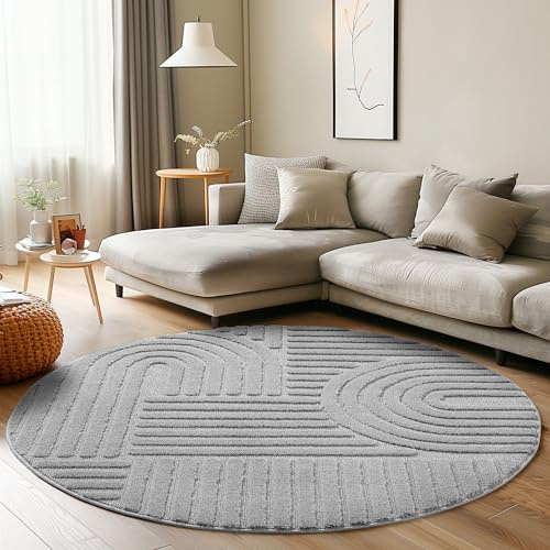 Carpettex Tappeto rotondo per soggiorno, camera da letto, tappeto per cucina, argento, a pelo alto, stile boho, tappeto corridoio, design scandinavo 3D, morbido e soffice, diametro: 120 cm