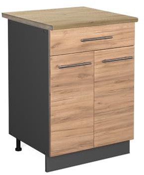 Vicco Küchenunterschrank Fame-Line, Goldkraft Eiche, 60 cm | Metall-Vollauszüge · AP Eiche inkl. · Höhenverstellbare Füße · Metallgriffe · Soft-Close