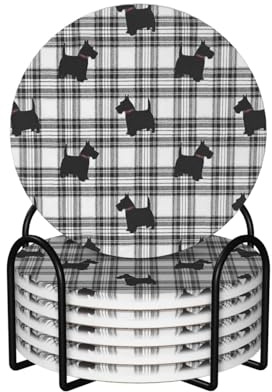 Untersetzer, Keramik-Untersetzer mit Halter, Getränkeuntersetzer, Tassenunterlage, 6er-Set,Scottish Terrier Plaid Scottie Hund