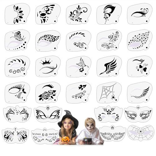 28 Stücks Tattoo Schablonen Kinder,Wiederverwendbare Schablonen Körperbemalungsschablonen, Schminkschablonen für Gesicht Kreativität Temporäre Tattoo Schablone für Urlaubparty Halloween Maskerade