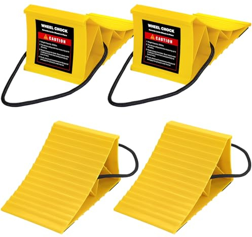 Komokeru Wheel Chocks for RV Trailer, 4 Pack Non Slip Wheel Chocks for Travel Trailers with Rope for Easy Removal, Lightweight Plastic Wheel Stoppers Block for Camper Cars Trucks