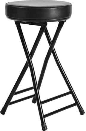 63 cm Stoppad Svart Hopfällbar Barpall, Kök Rund Hög Frukostpall med Fotpall, Bärbar Inomhus Utomhusstol med Mothöjd