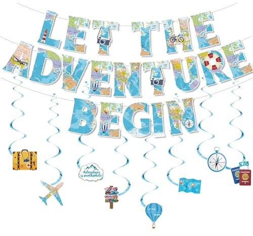 Banner a Tema di Viaggio, 28 Pezzi Voyage Party Decorations, Ciondoli a Spirale Forniture, Banner a Tema di Adventure, Let The Adventure Begin Decorazioni, Festa per Laurea Pensionamento Compleanno
