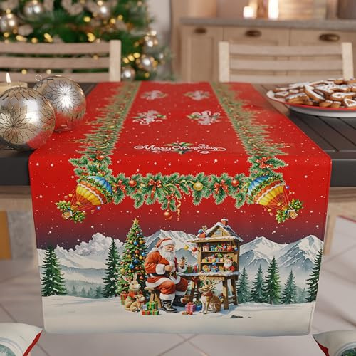 PETTI Artigiani Italiani - Runner da Tavola Natalizio Cucina 140x40 cm, Runner Natalizo Elegante Villaggio di Babbo Natale, 100% Made in Italy