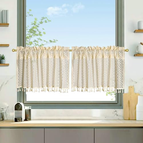 Beydodo Scheibengardine Bistrogardine 60CM Hoch Boho, Vorhänge Kurz Fenster mit Muster Geometrie Halbtransparent Beige Küchengardinen Set 2 Teilig 100x60CM