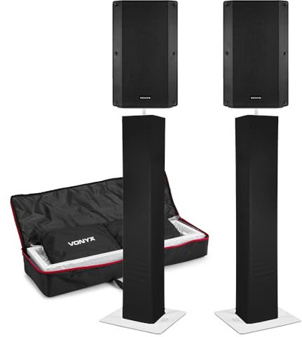VONYX Active DJ Speaker Package, 2x VSA15 Powered Speakers, 1000W Bi-Amplified 2-Way Crossover, DJ Plinth Stands with Lycra Scrims, 3 Inputs for Guitar, Line or Mic, DJ Speaker Kit