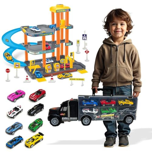 Xwin Sportseries Kids 4-Storey Car Parking Garage and Truck Storage Carrier Playset, Includes 10 Cars, Lift, Spiral Ramps, Service Station, and Traffic Signals Sign Playset for Children Age 3+