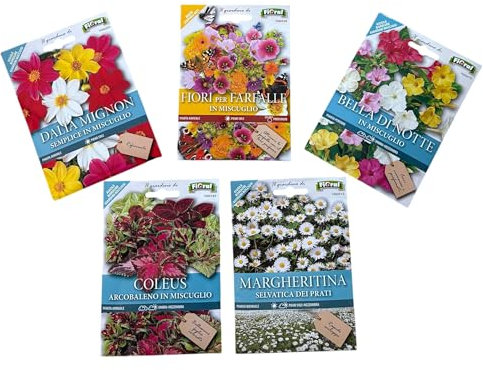 FIORAL-OFFERTA 5 BUSTE Di Semi Da Piantare-Dalia Mignon, Fiori Per Farfalle, Bella Di Notte, Coleus, Margheritina. Sementi Selezionate e di Alta Qualità. L'Ortolano Fioral.