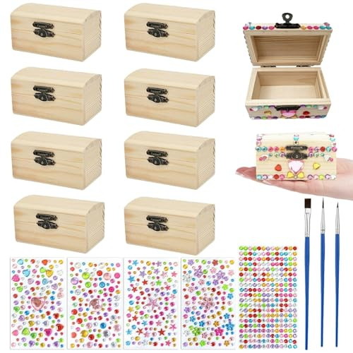 Aarcyye Holzkiste Klein, Satz von 10 Schmuckkästchen aus Holz, Kleine Holzkiste Bemalen, Mini Schatzkiste, Mini Schatzkiste mit Deckel, mit Aufklebern und Pinseln, für Aufbewahren und Dekorieren