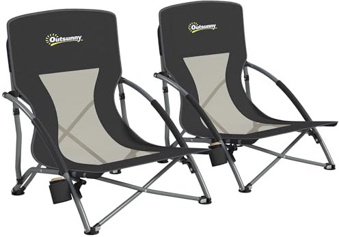 Outsunny Lot de 2 chaises de Plage Pliable, chaises Camping Pliante légère 2,2 kg, avec Dossier en Maille, Sac de Transport et Porte-gobelet pour Jardin, Pique-Nique, Festival, Voyage, Noir
